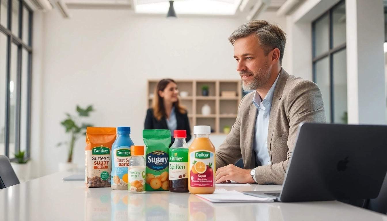 Süßstofflieferant interacting with clients in a modern office, showcasing sugar substitute products.