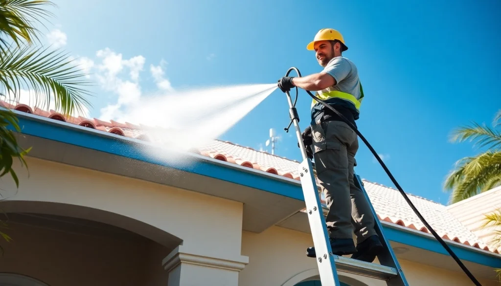 Roof cleaning in Kissimmee, showcasing a technician using a soft wash system to restore a home's exterior.