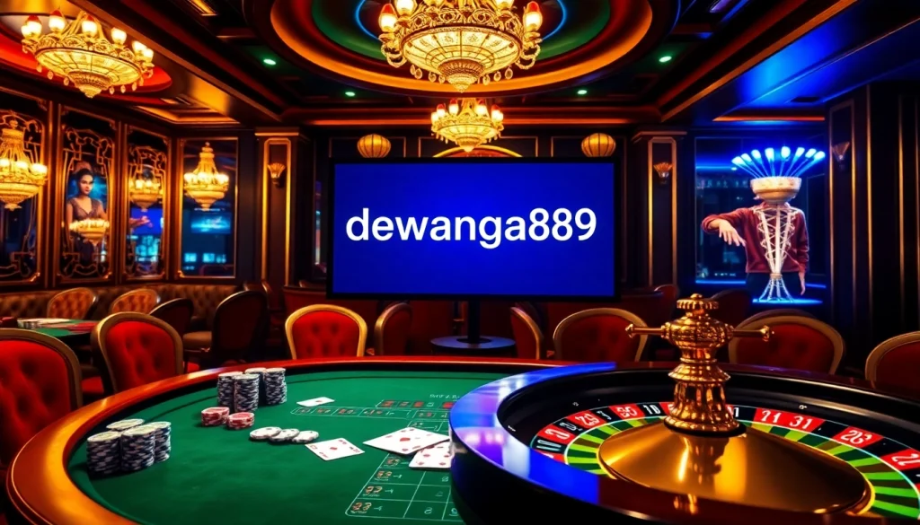Adegan kasino yang menarik menampilkan dewanaga89 dengan chip poker dan roda roulette.