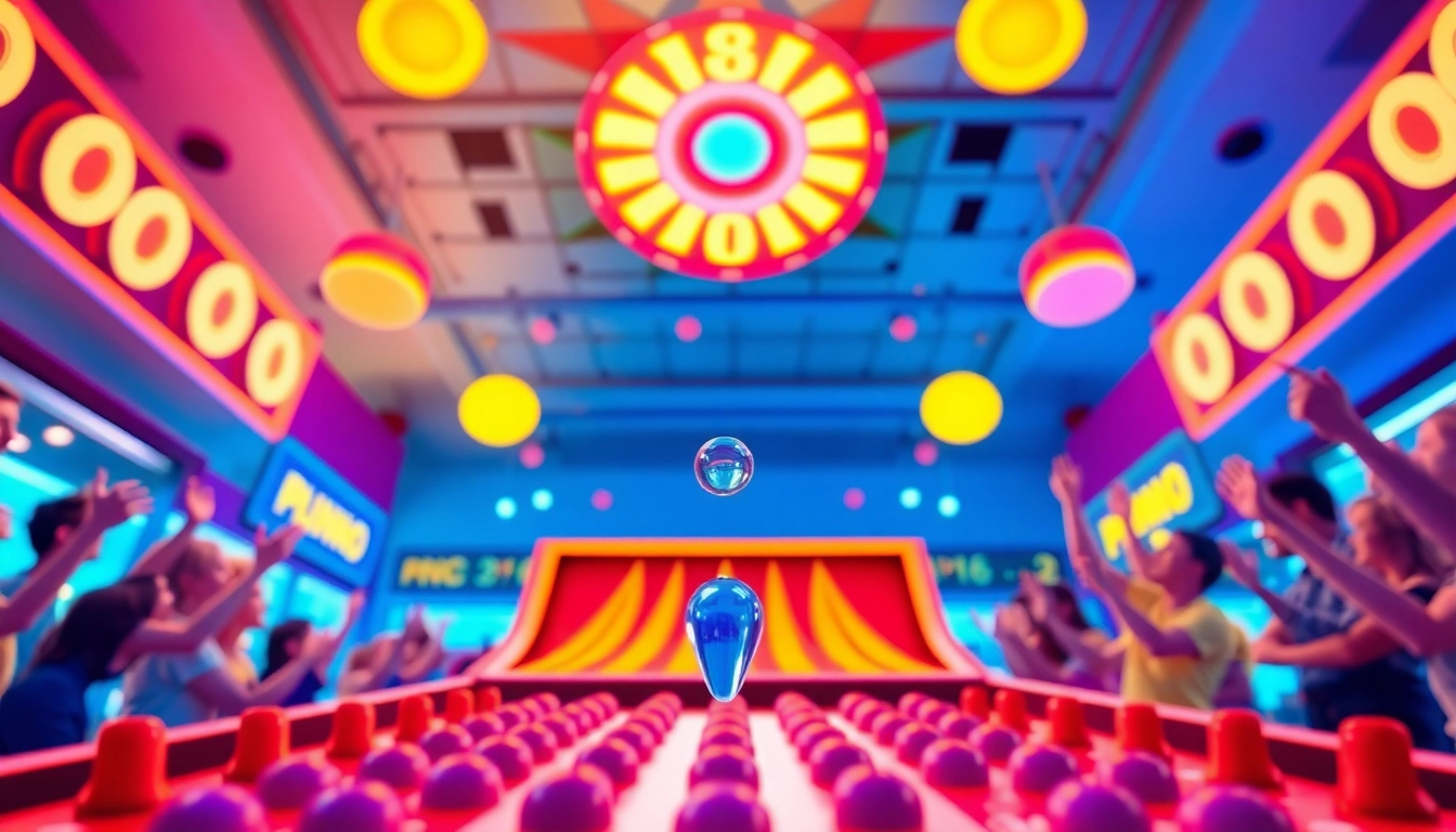 Demonstrasi permainan demo plinko yang penuh warna dengan suasana meriah di latar belakang.