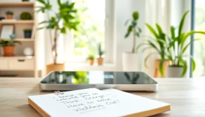 Calculate your ideal weight using an engaging digital scale and health notes in a bright setting.