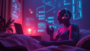 Engaging AI chat sex experience in a modern digital environment with glowing interfaces.