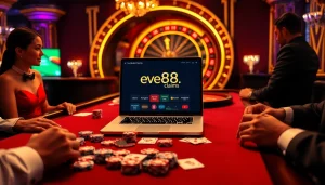 Players engage in thrilling poker games at a luxurious table, showcasing ev88.claims as their online casino platform.