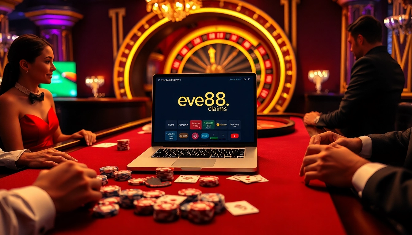 Players engage in thrilling poker games at a luxurious table, showcasing ev88.claims as their online casino platform.