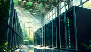 Cloud mining bitcoin facility utilizing renewable energy, showcasing AI-driven technology.