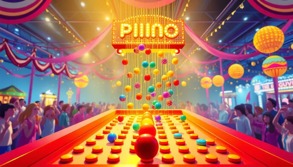 Main plinko demo with colorful balls dropping through pegs in a fun carnival atmosphere.