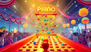 Main plinko demo with colorful balls dropping through pegs in a fun carnival atmosphere.