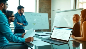 Engaged team collaborating on Proposal Writing and Management in a modern office setting.