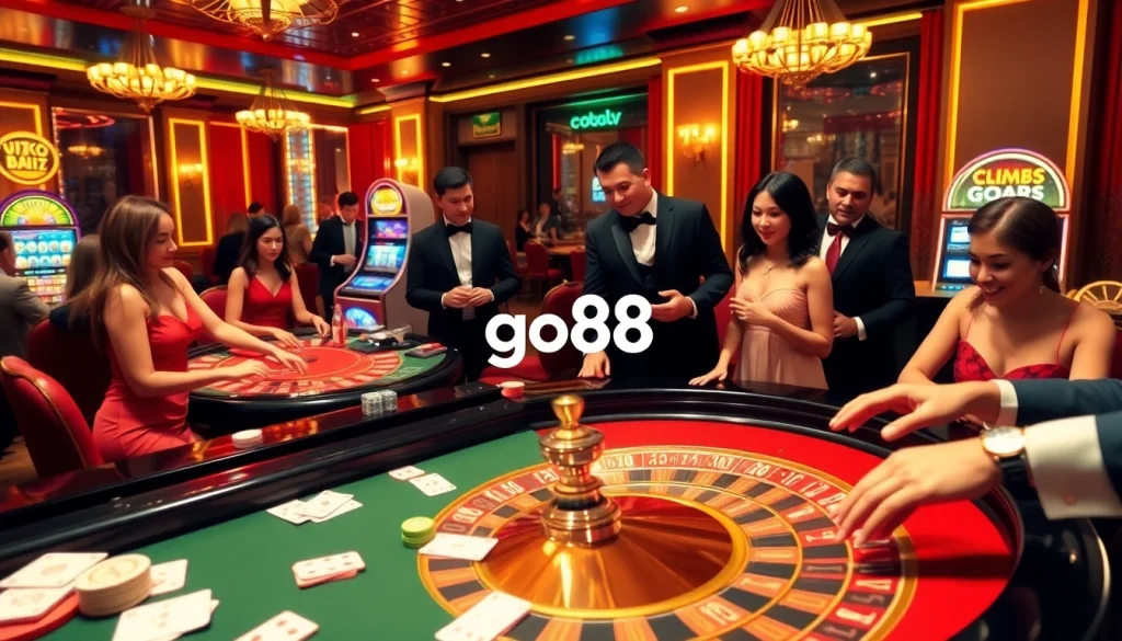 Players engaging in thrilling roulette at a luxurious casino, showcasing the excitement of go88 gambling experiences.