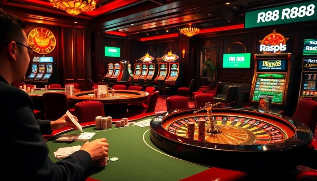 Gamblers at a luxurious casino table exploring RR88's high-stakes poker and roulette excitement.