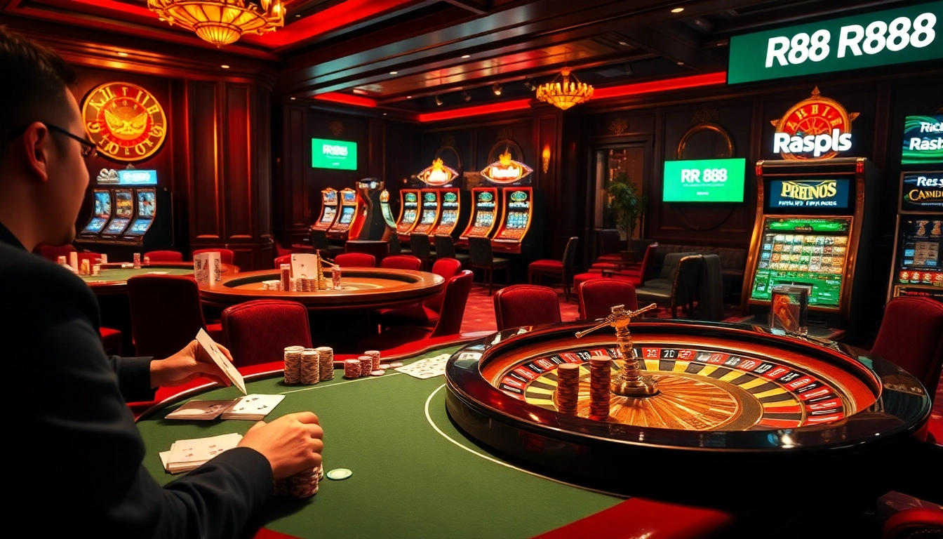 Gamblers at a luxurious casino table exploring RR88's high-stakes poker and roulette excitement.