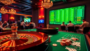 Tobet88 casino scene with vibrant table games, chips, and an engaging atmosphere.