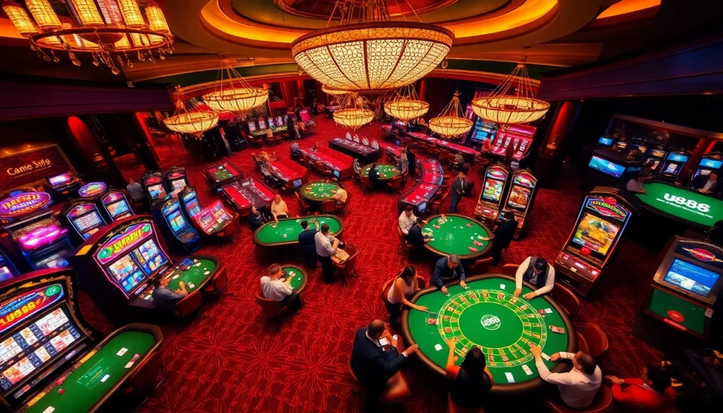 Experience high-stakes excitement with u888 at a luxurious casino featuring vibrant slot machines.