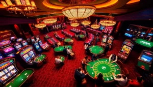 Experience high-stakes excitement with u888 at a luxurious casino featuring vibrant slot machines.