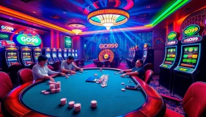 Engaging scene of GO99 casino with poker players and vibrant slot machines