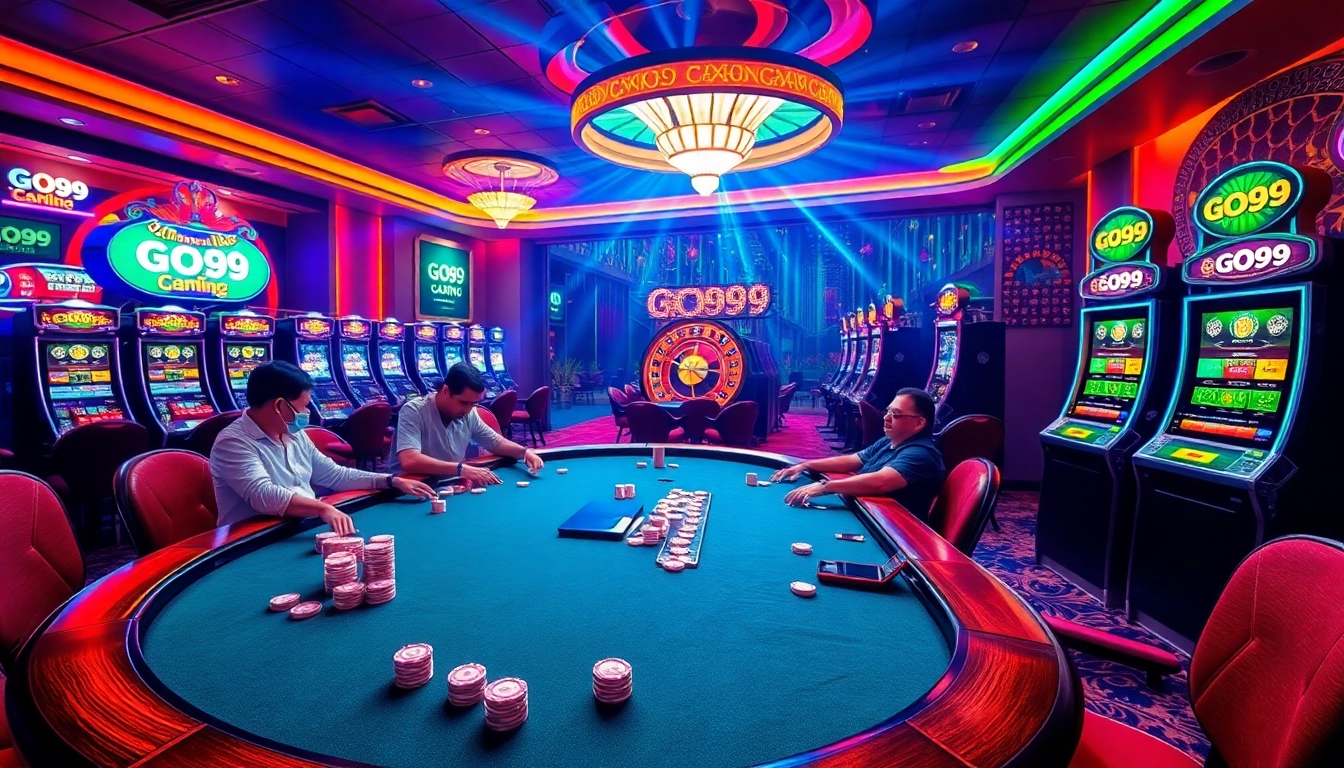 Engaging scene of GO99 casino with poker players and vibrant slot machines