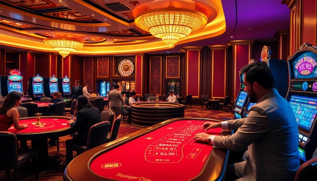Players enjoying high-stakes games at BK8 เว็บตรง casino, featuring poker tables and vibrant slot machines.