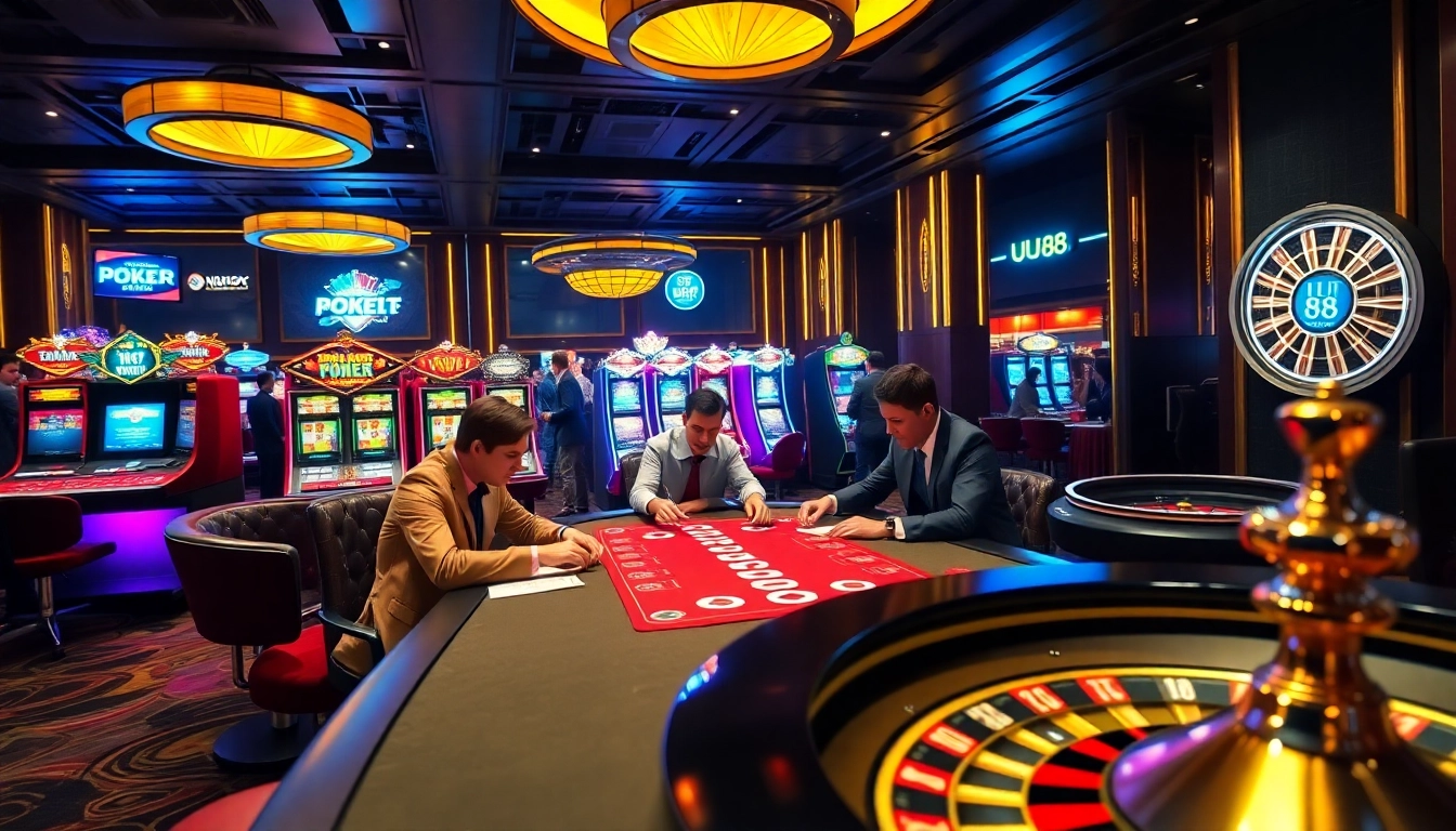 Exciting gameplay at UU 88 casino with vibrant slot machines and poker tables.