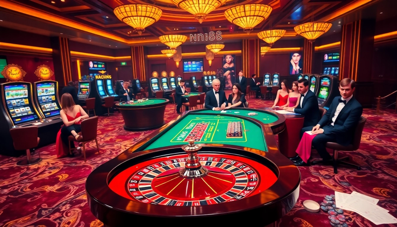 Engage with nn88's vibrant casino setting featuring roulette and poker games.