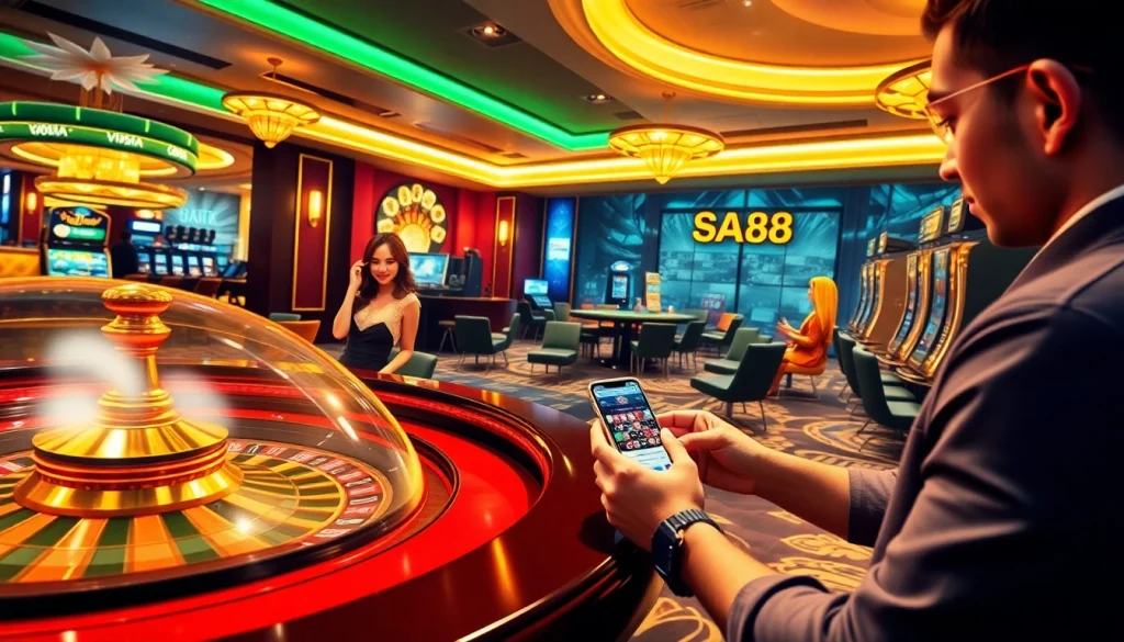 Experience thrilling online gambling with SA88 at a luxurious casino interface featuring baccarat and slots.