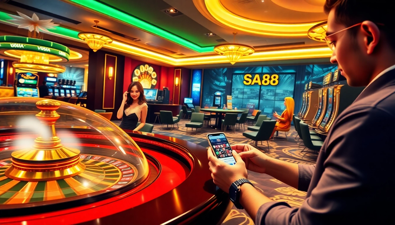 Experience thrilling online gambling with SA88 at a luxurious casino interface featuring baccarat and slots.