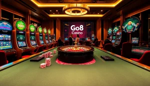 Players enjoying thrilling games at Go8 Casino's luxurious gambling tables and slot machines.