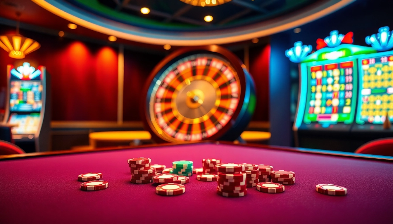 Experience excitement at mv88 with vibrant casino tables, spinning roulette wheels, and elegant poker chips.