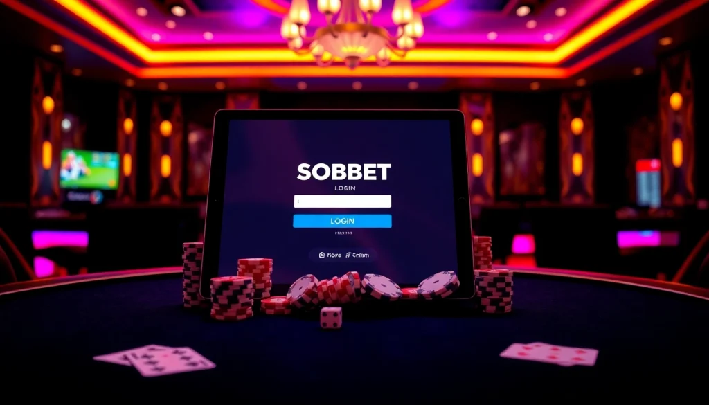 Experience sbobet login on a high-tech tablet amidst a vibrant casino scene.