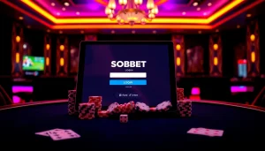 Experience sbobet login on a high-tech tablet amidst a vibrant casino scene.
