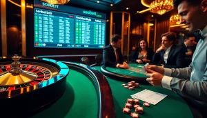 Action-packed sbobet betting scene with roulette, poker, and vibrant casino elements.