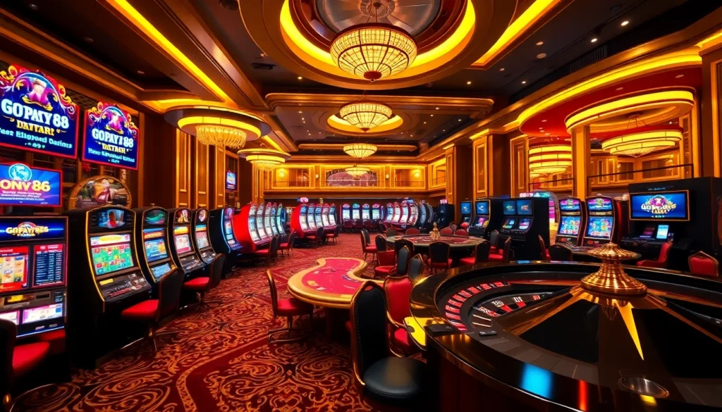 Players enjoying a thrilling game at the casino showcasing Gopay88 Daftar on digital screens.