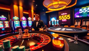 Players strategizing at a luxurious casino while experiencing the thrill of 555 win.