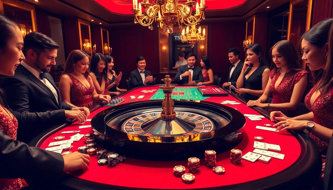 Players enjoying a thrilling game at TT88 roulette with vibrant chips and elegant attire.