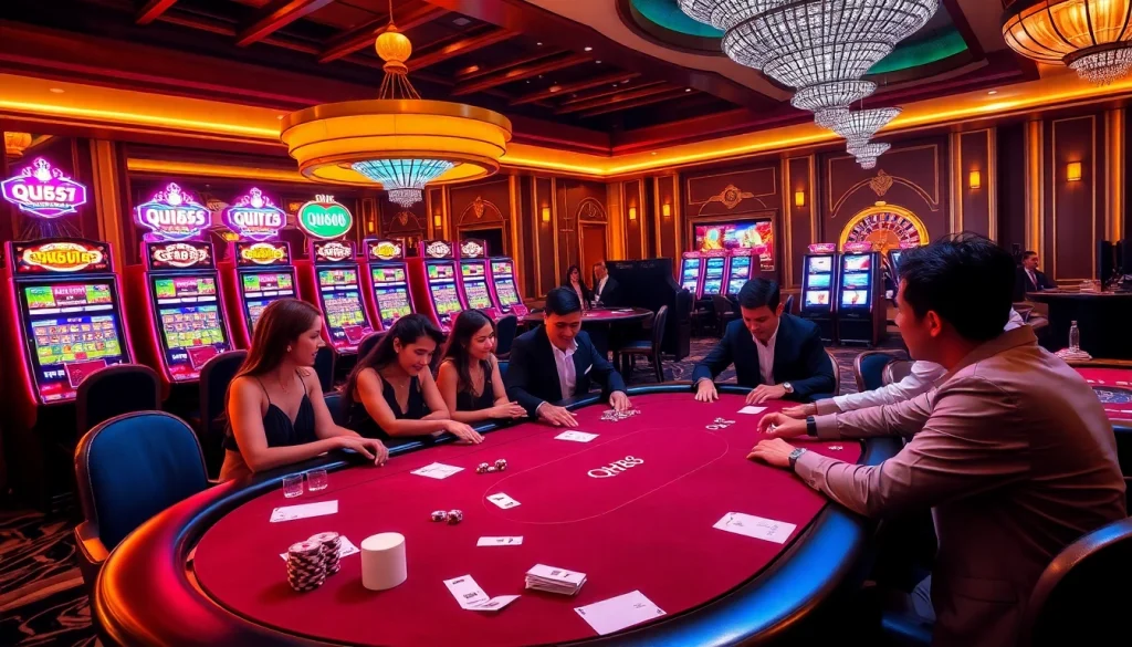 Players enjoying a high-stakes game at a QH88 casino table with vibrant slot machines.