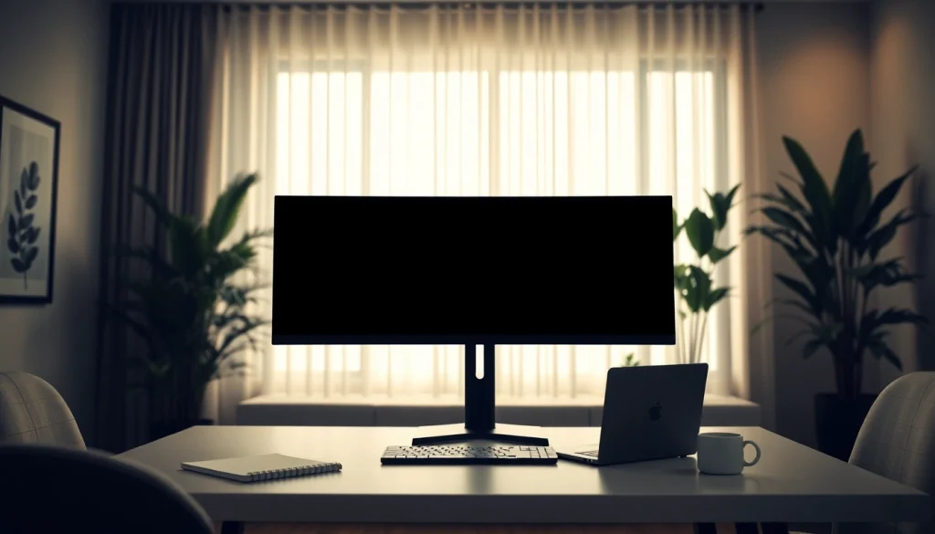 A serene workspace with a black screen on the monitor, promoting focus and minimalism.