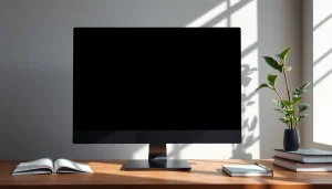 black screen displayed on a modern monitor in a minimalistic workspace