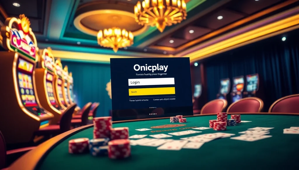 Experience seamless onicplay login with vibrant casino visuals, including slot machines and poker chips.