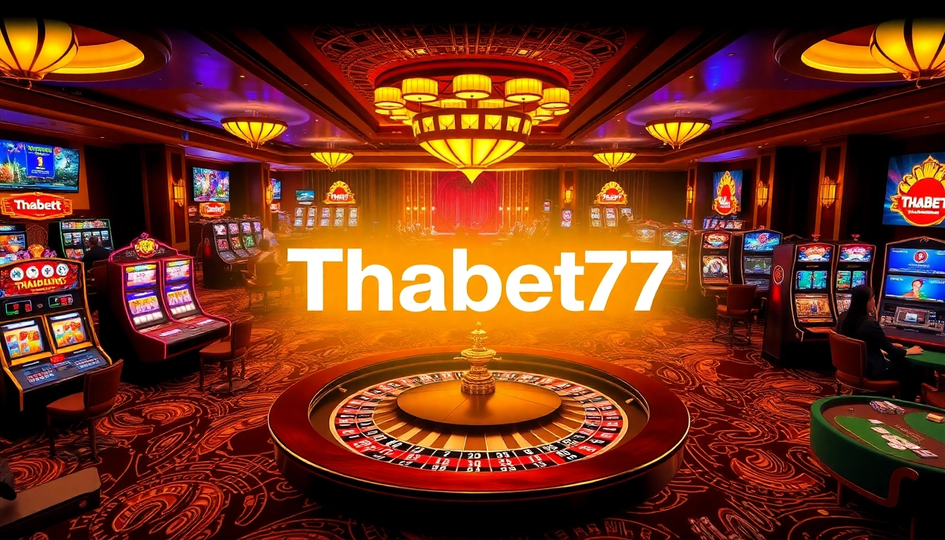 Players experiencing thrills at Thabet77 casino featuring vibrant gaming tables and slot machines.