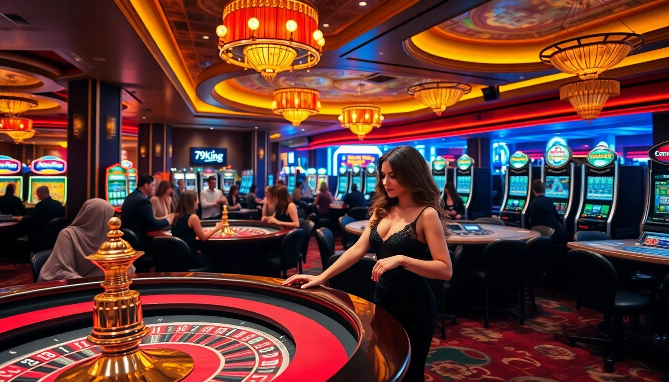 Excited players engaging with games at 79king com, featuring casino tables, chips, and vibrant atmosphere.