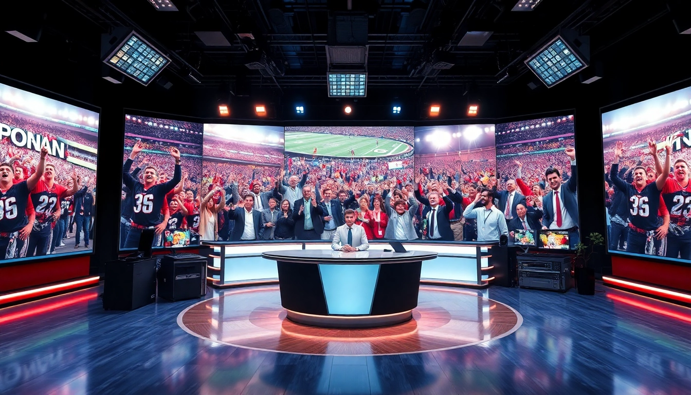 Engaging scene of sports broadcasting with equipment and screens, showcasing the world of Sports Broadcasting.