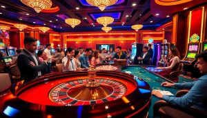 Exciting scene at nhà cái vua99 showcasing players winning at roulette, blackjack, and slot machines.