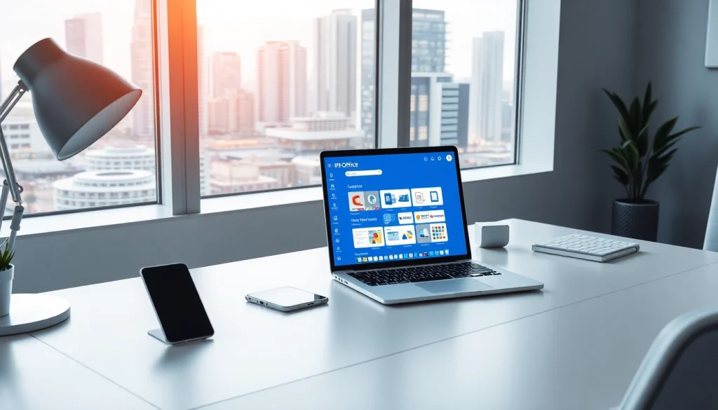 现代办公工作区，笔记本电脑上显示 WPS Office，背景为城市景观。
