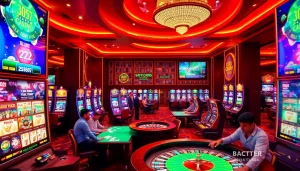 Experience the thrill of ulasan naga169 with an engaging casino scene featuring lively slot machines and poker tables.