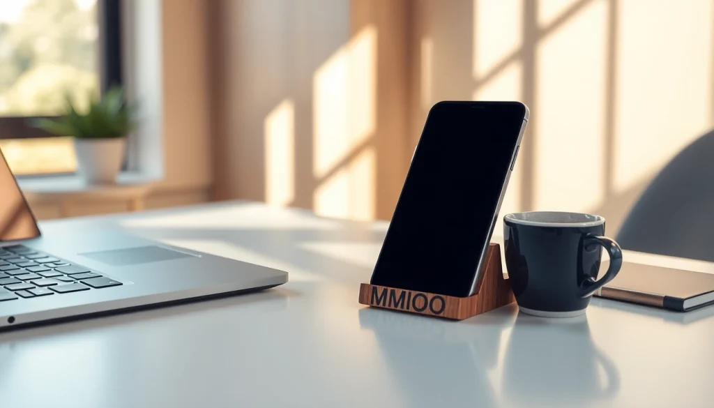 MMOO wooden phone stand enhancing a modern workspace ambiance.