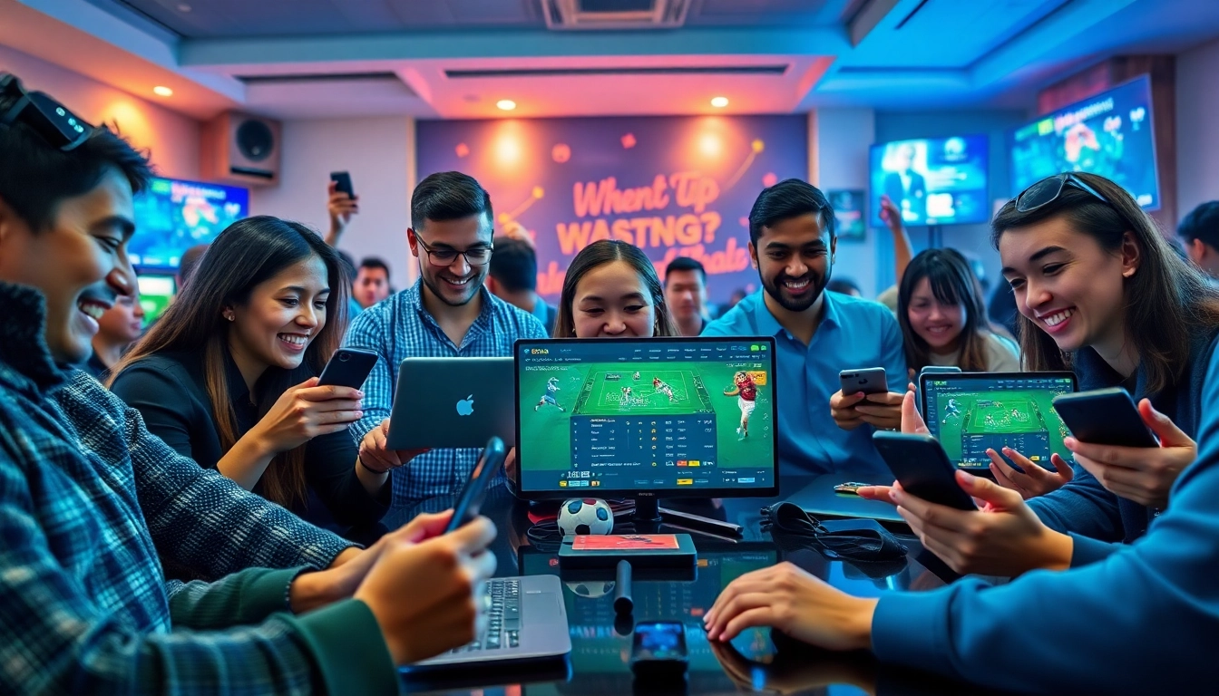 Engaging players enjoying online betting at winvn88.live with digital devices in a vibrant setting.