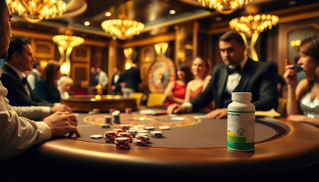 Engaging poker game featuring stool softener for fissures on the table, amid vibrant casino chips.