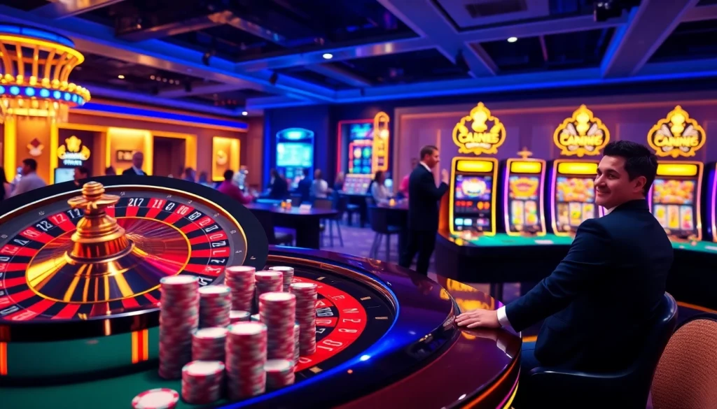 Experience exciting gambling action at ok88 with vibrant casino visuals, including roulette and slots.