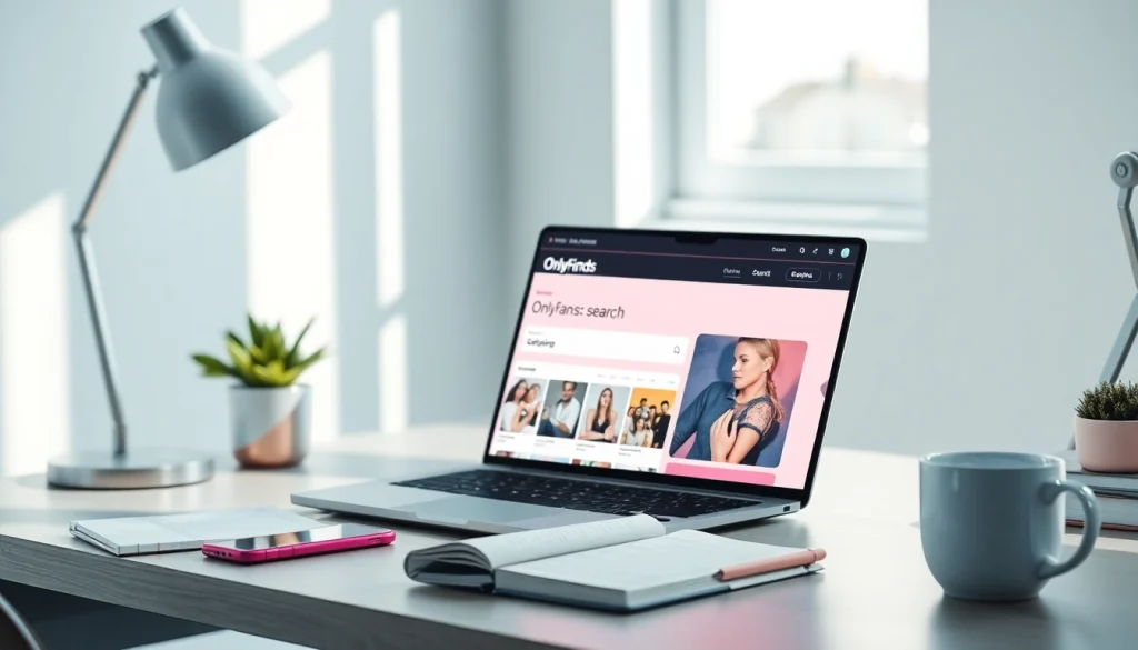 OnlyFans Search interface on a laptop in a modern workspace showcasing creator profiles.