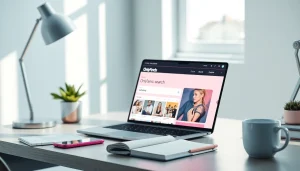 OnlyFans Search interface on a laptop in a modern workspace showcasing creator profiles.