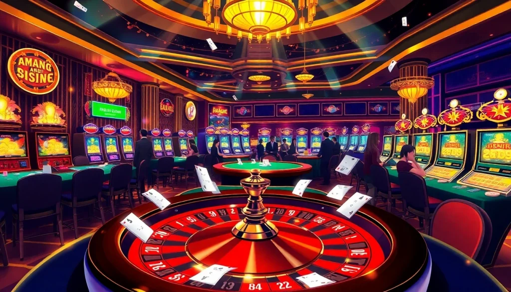Daga-themed casino scene showcasing a roulette wheel, poker table, and vibrant slot machines.
